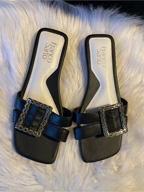 Franco Sarto Black Slide Mules with Crystal Buckle